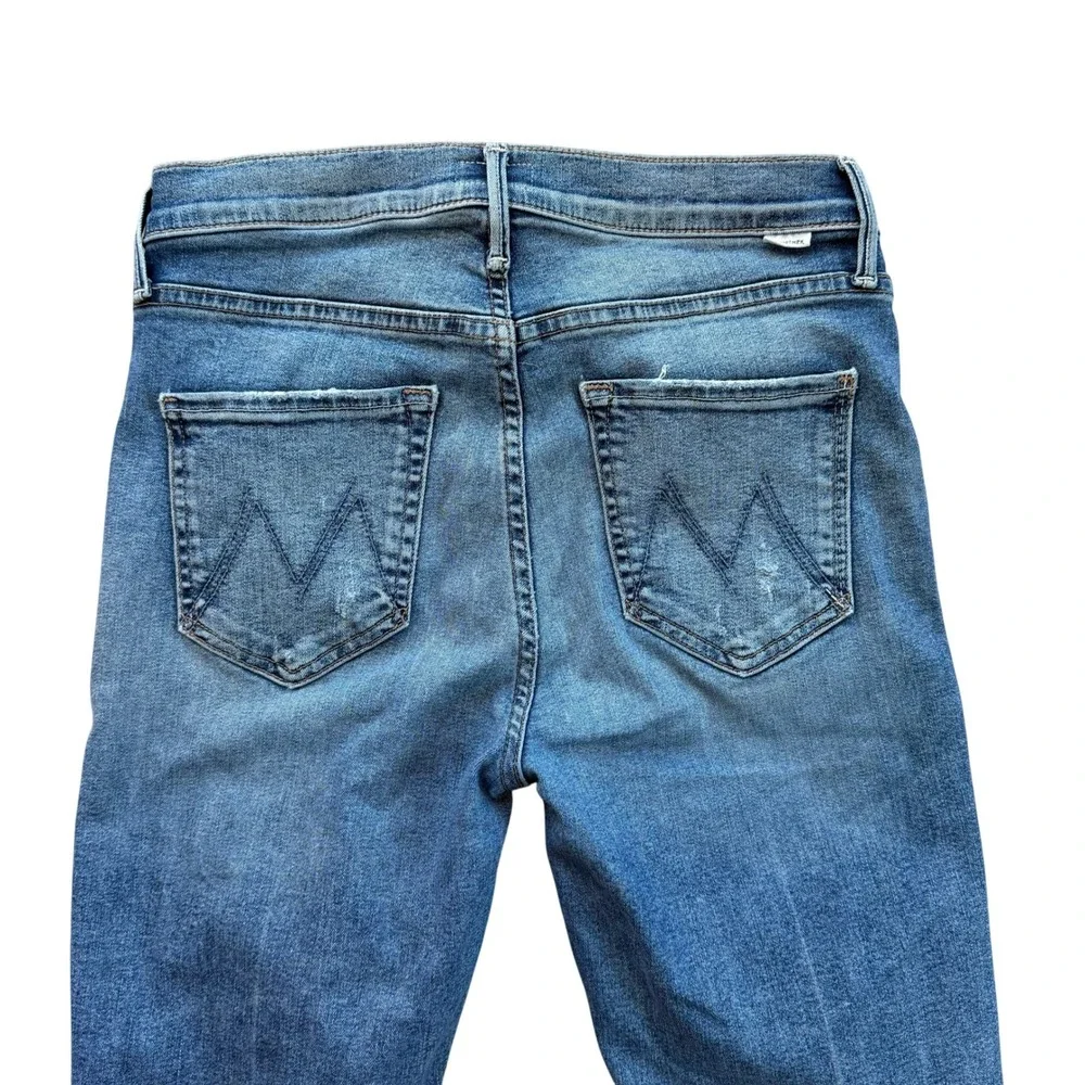 MOTHER Dazzler Mid Rise Ankle Fray Jeans Living In Circles Blue Distressed 28